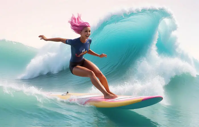 Female Surfer on Surfboard Wave Getting Barreled 3D Character Picture Illustration